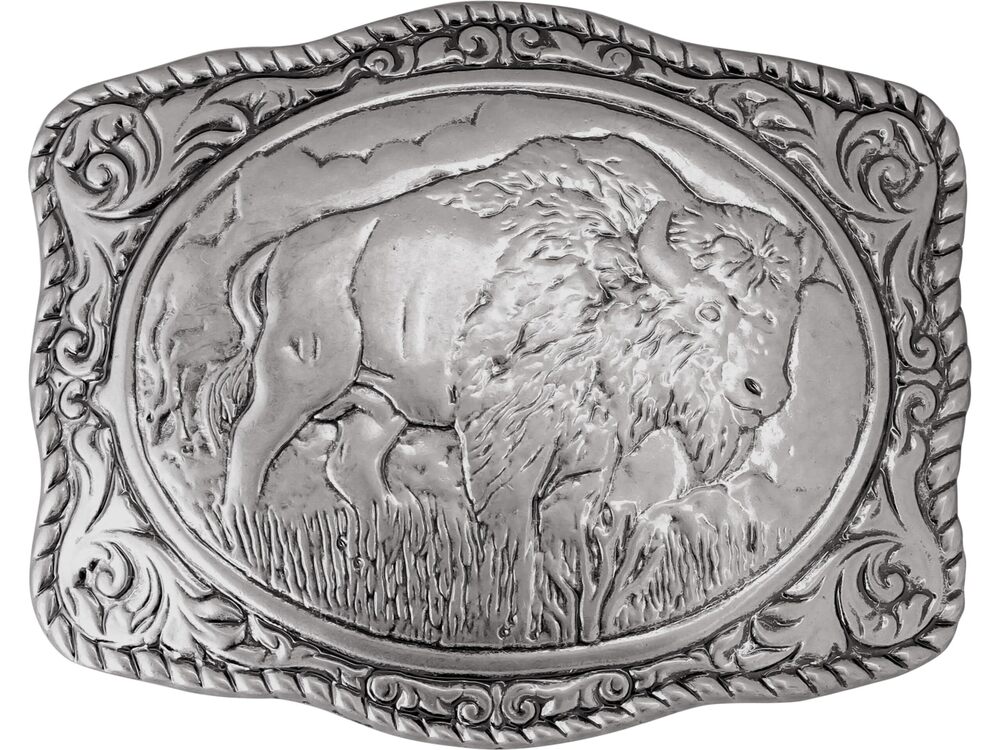 4040 Buffalo Silver Plated Vintage Rectangle Belt Buckle Scaloped Buckle